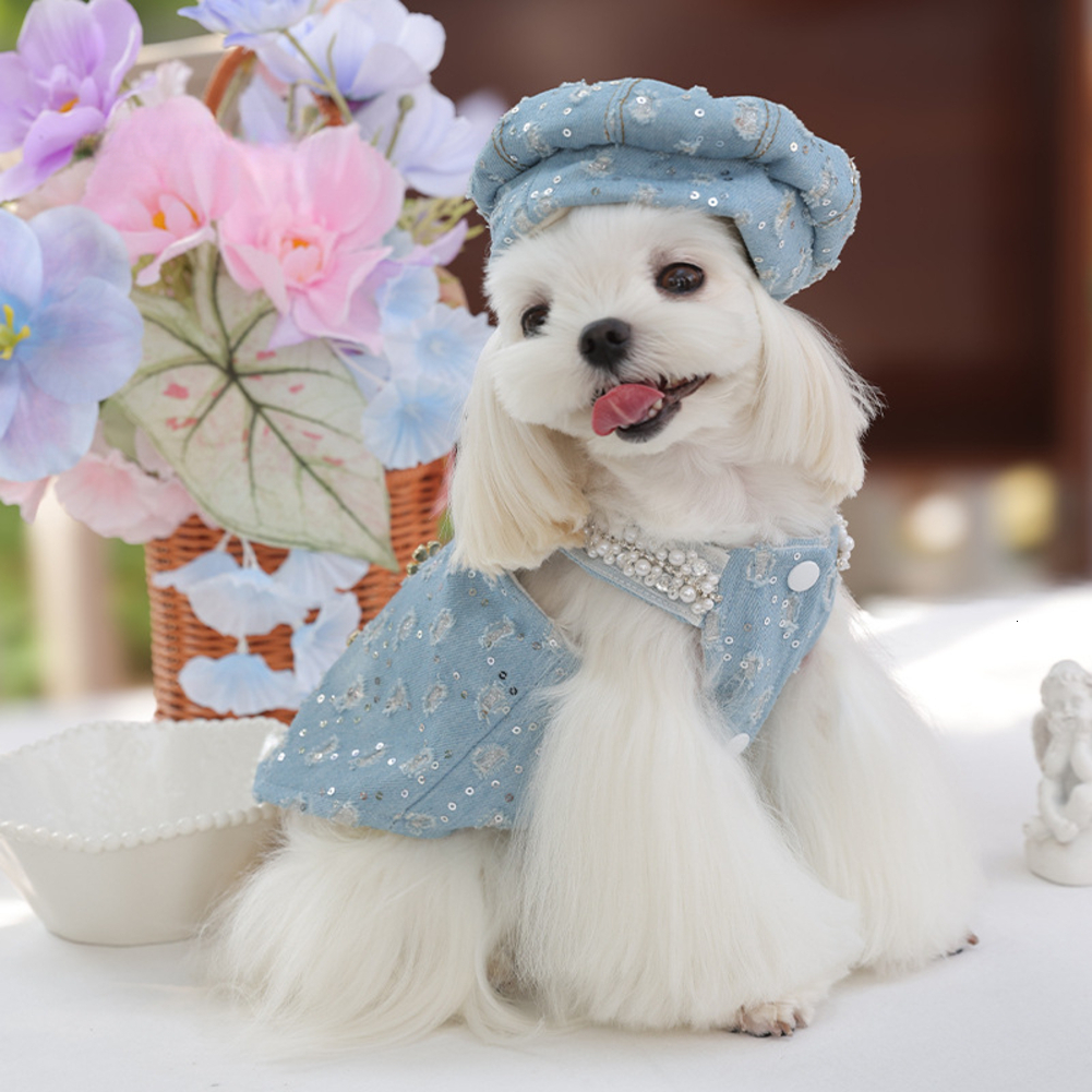 outdoor 2026 Luxury Dog Sequin Cat Cute Beret Autumn And Winter Coat Teddy Schnauzer Pet Small Denim Vest With Fleece Puppy Clothes Free Shipping T1