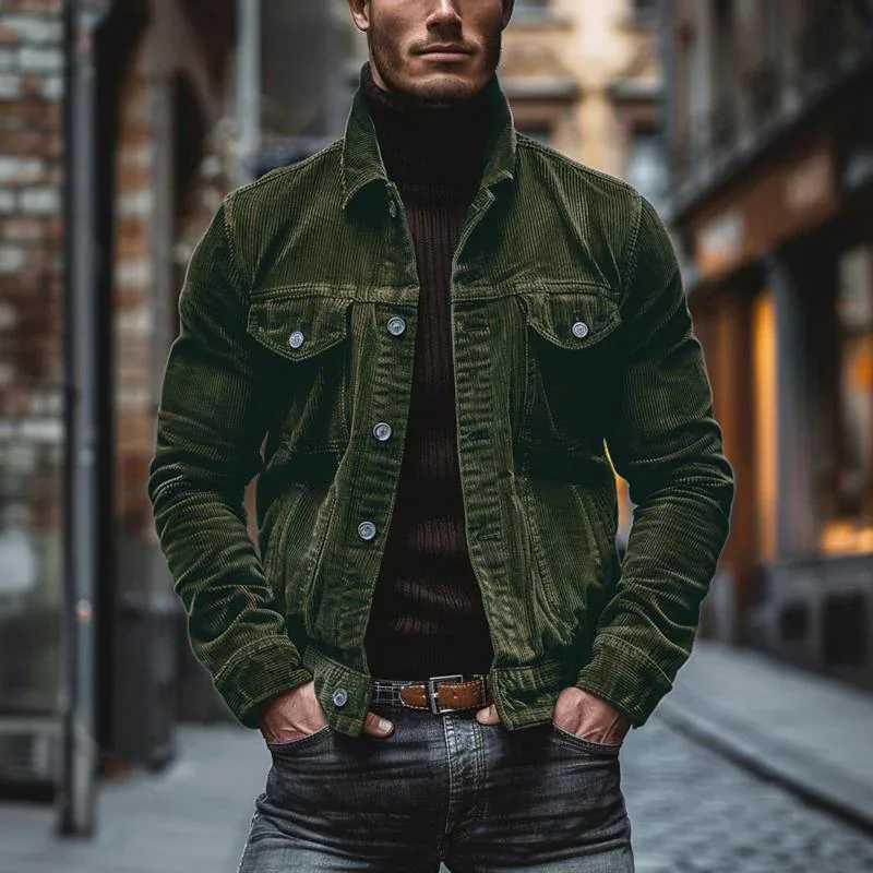 Male Solid Color Winter 2025 New Autumn Corduroy Jacket for Men with a Lapel Trendy Japanese Style Loose Coat Utility Pocket S2610179YJ4