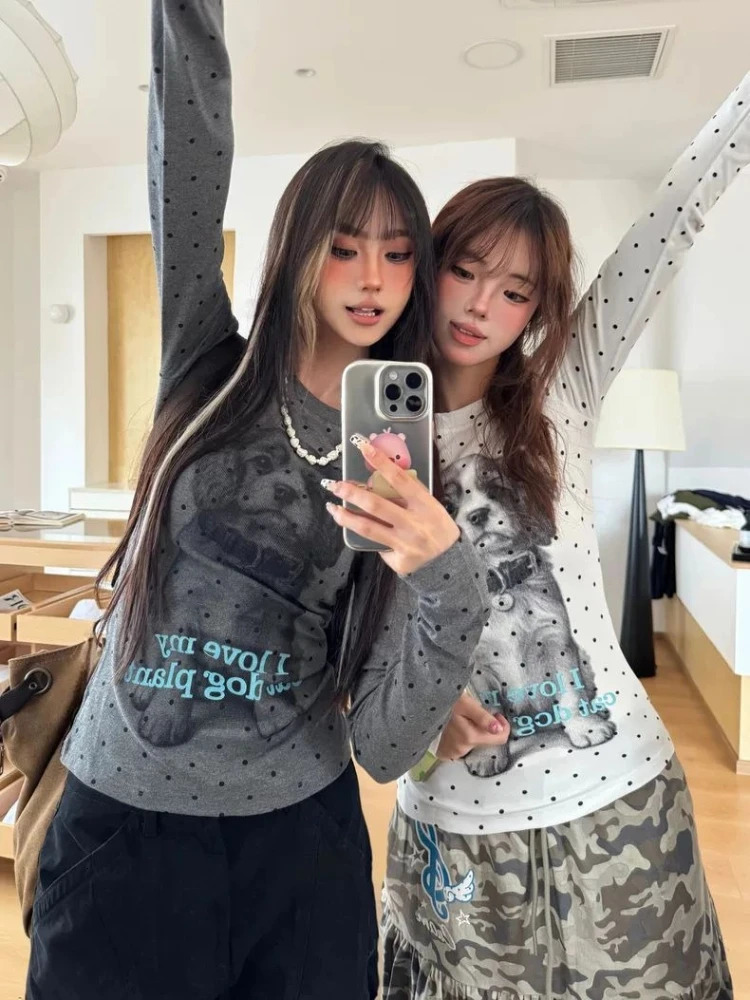 HOUZHOU American Retro Style Polka Dot Puppy Print T-Shirt Spicy Girl Slim-Fit Round Neck Long Sleeve Top Women Fall Y2k T-shirt 261014