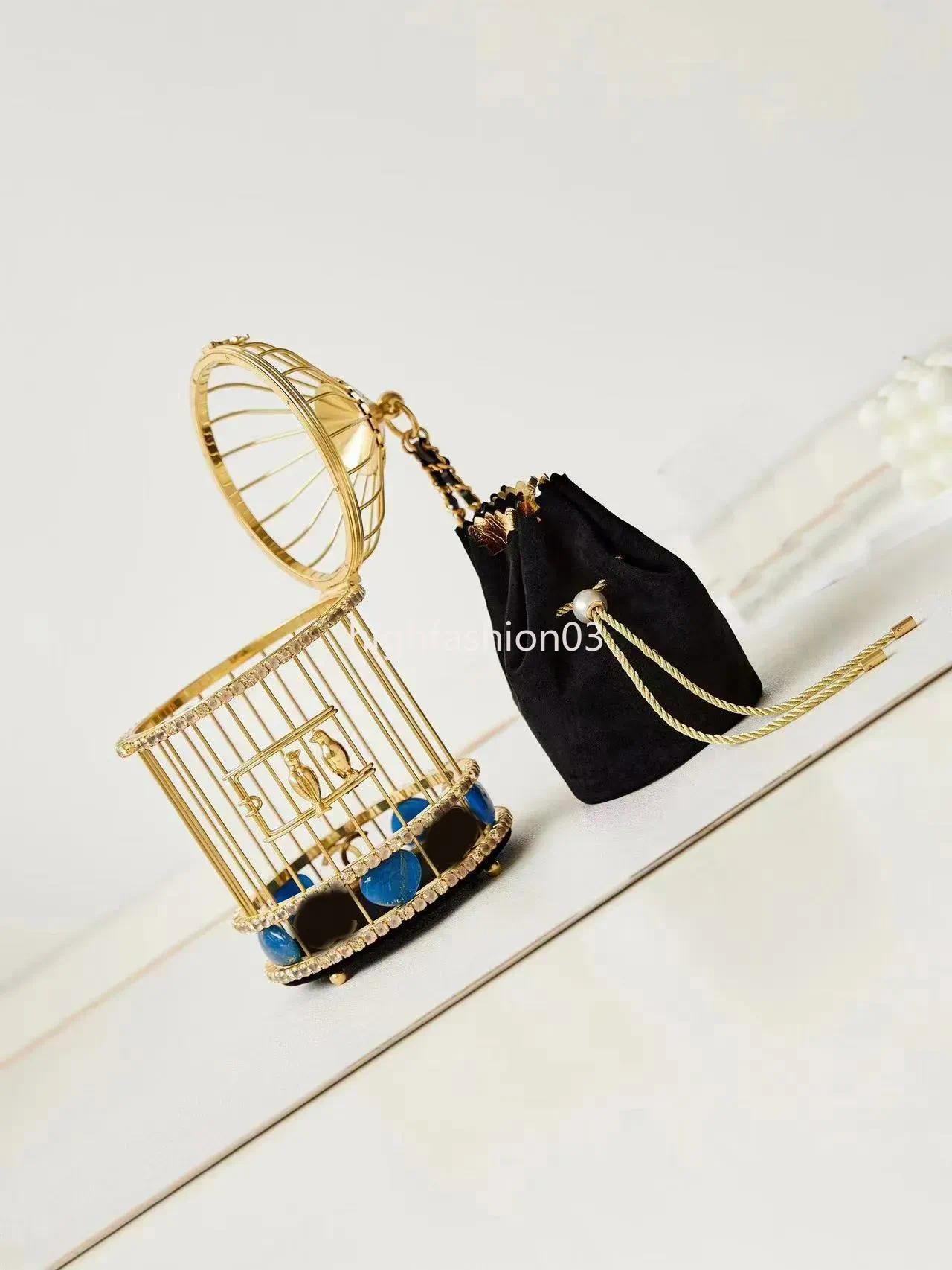 Designer Golden Birdcage Dinner Clutch Bags Gold Frame Bird Cage Shaped Up Cover Handbags Inner Black Velvet Drawstring Bucket Bag Women Fashion Eve