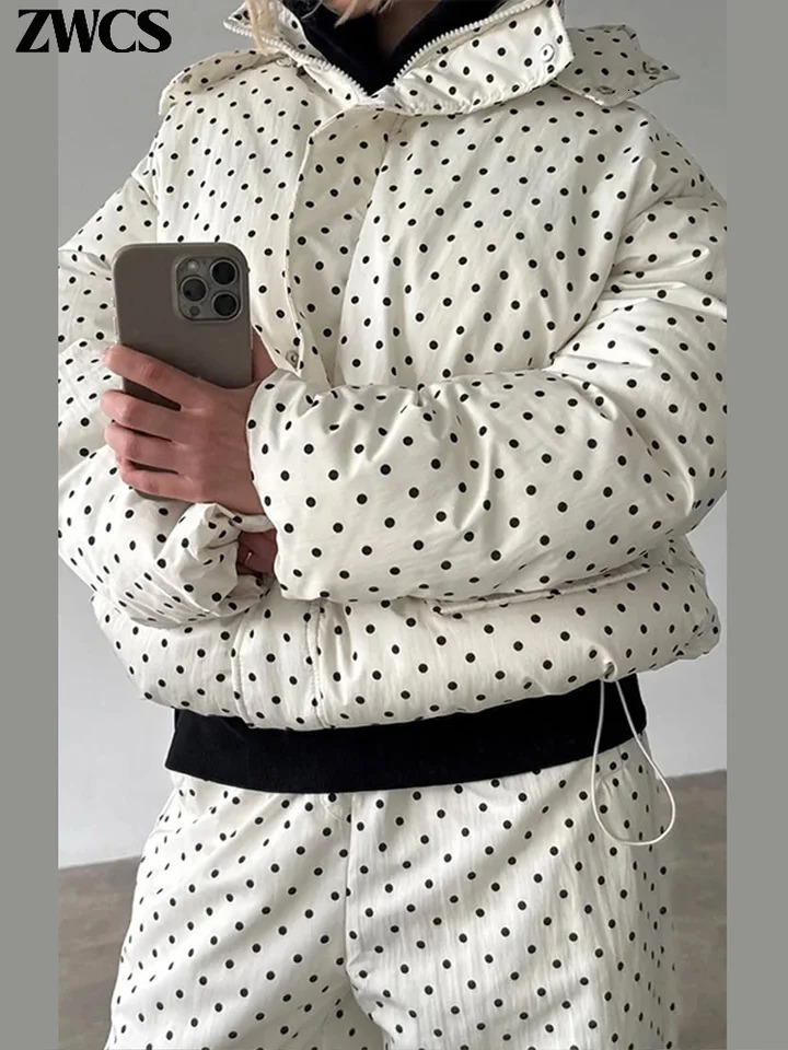 Polka Dots Hooded Cotton Coats Trousers Set 2026 Winter Loose Zippers Drawstring Jacket Elastic Waist Pants Womens Warm Outfits 261016