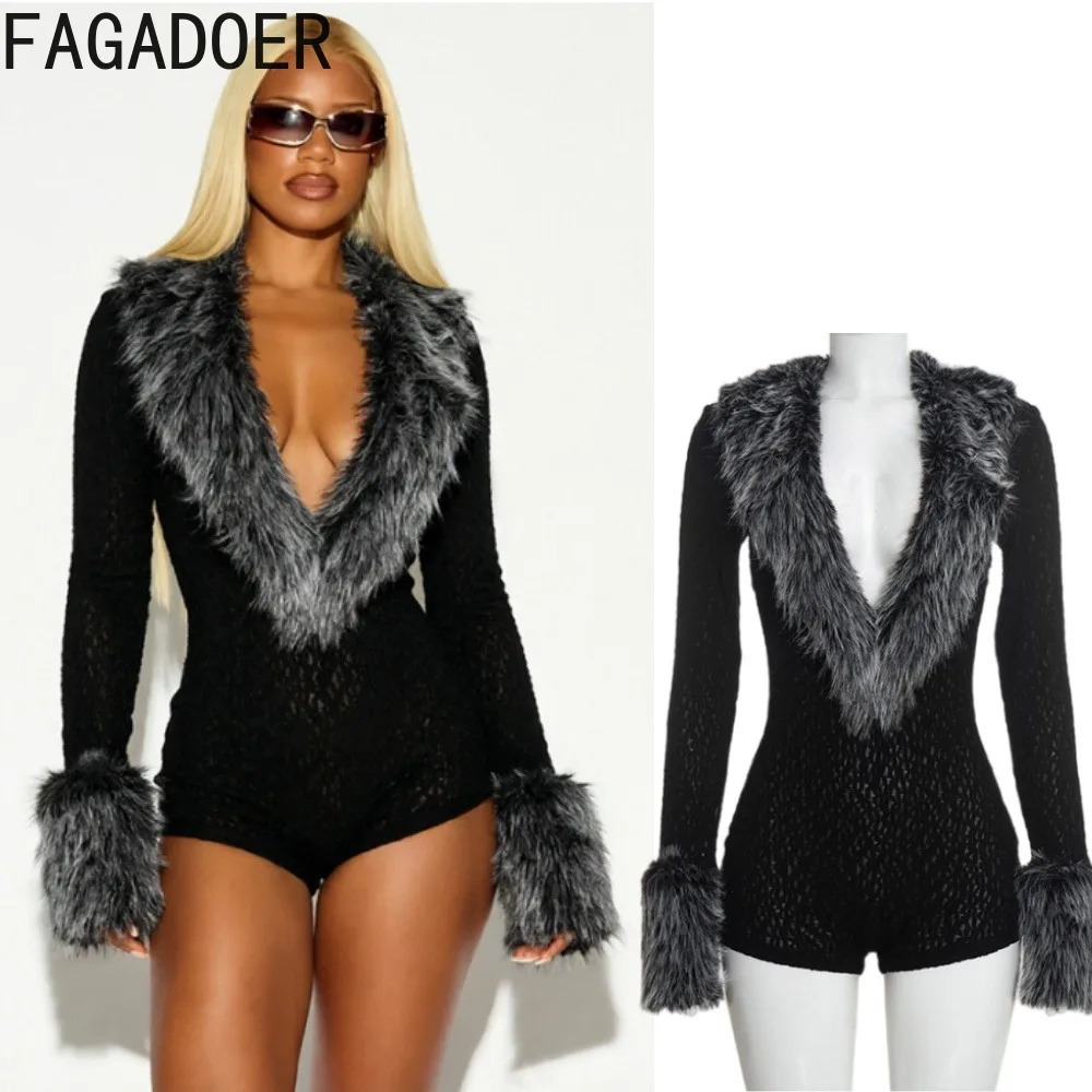FAGADOER Women Elegant Faux Fur Trim Romper Deep V Neck Long Sleeve Bodycon Short Jumpsuit Sexy Clubwear Party One Piece Outfit 261016