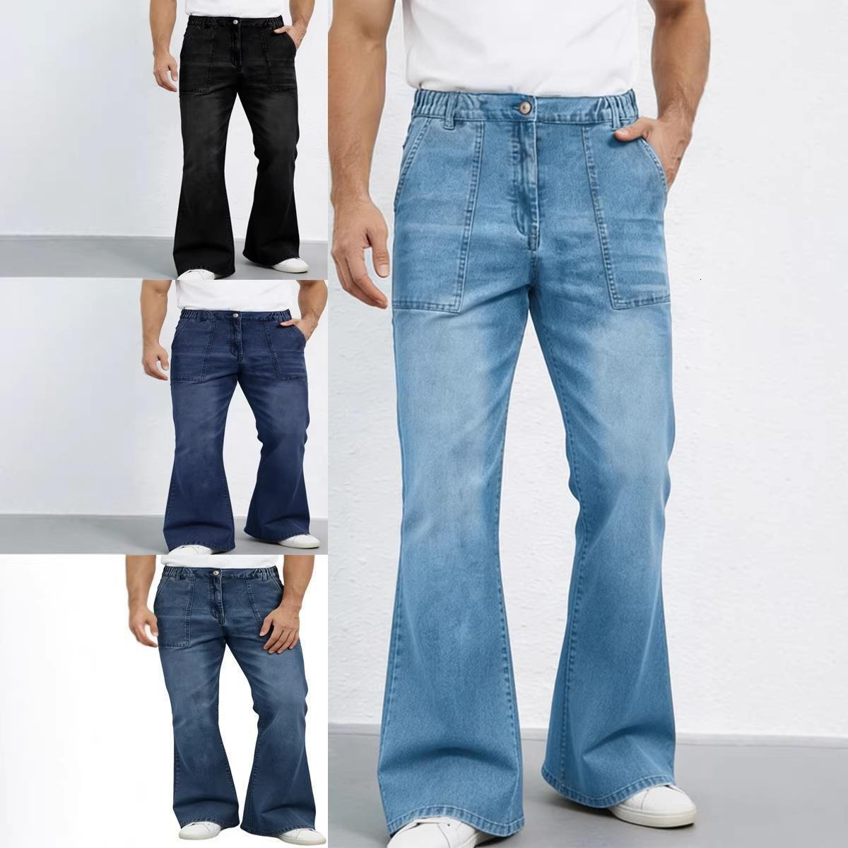 Men Elastic Waist Slightly Flared Jeans Denim Pants European American Trend Casual Street Style Daily Wear Versatile Long Trousers For Guys