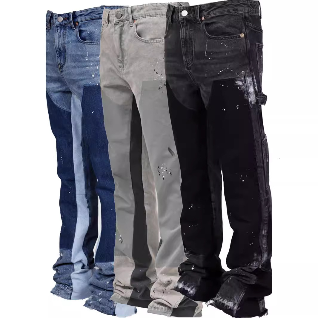 Men Elastic Patch Layered Flared Cargo Jeans Denim Pants Ins Popular European American Fashion Casual Street Style Daily Wear Versatile Long Trouser
