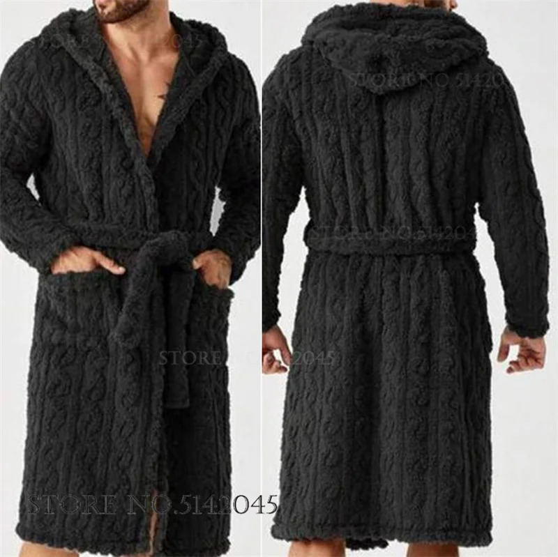Coral Fleece Hooded Long Robe Kimono Gown Autumn Winter Mens Sleepwear Bathrobe Loose Casual Flannel Nightwear Loungewear 261017