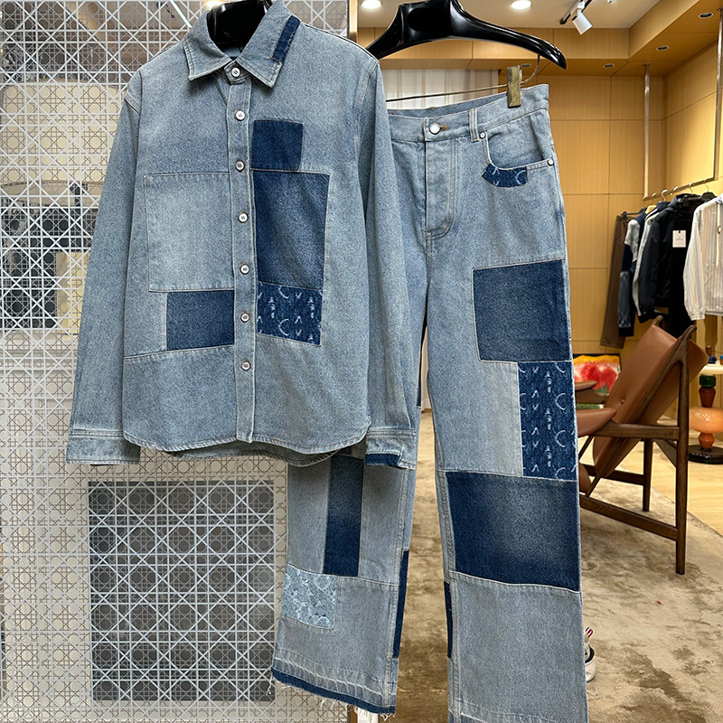 Designer Patchwork Denim Shirts Men Loose Button Polo Blouses High Waist Loose Jeans Street Chic Denim Outfits for Men