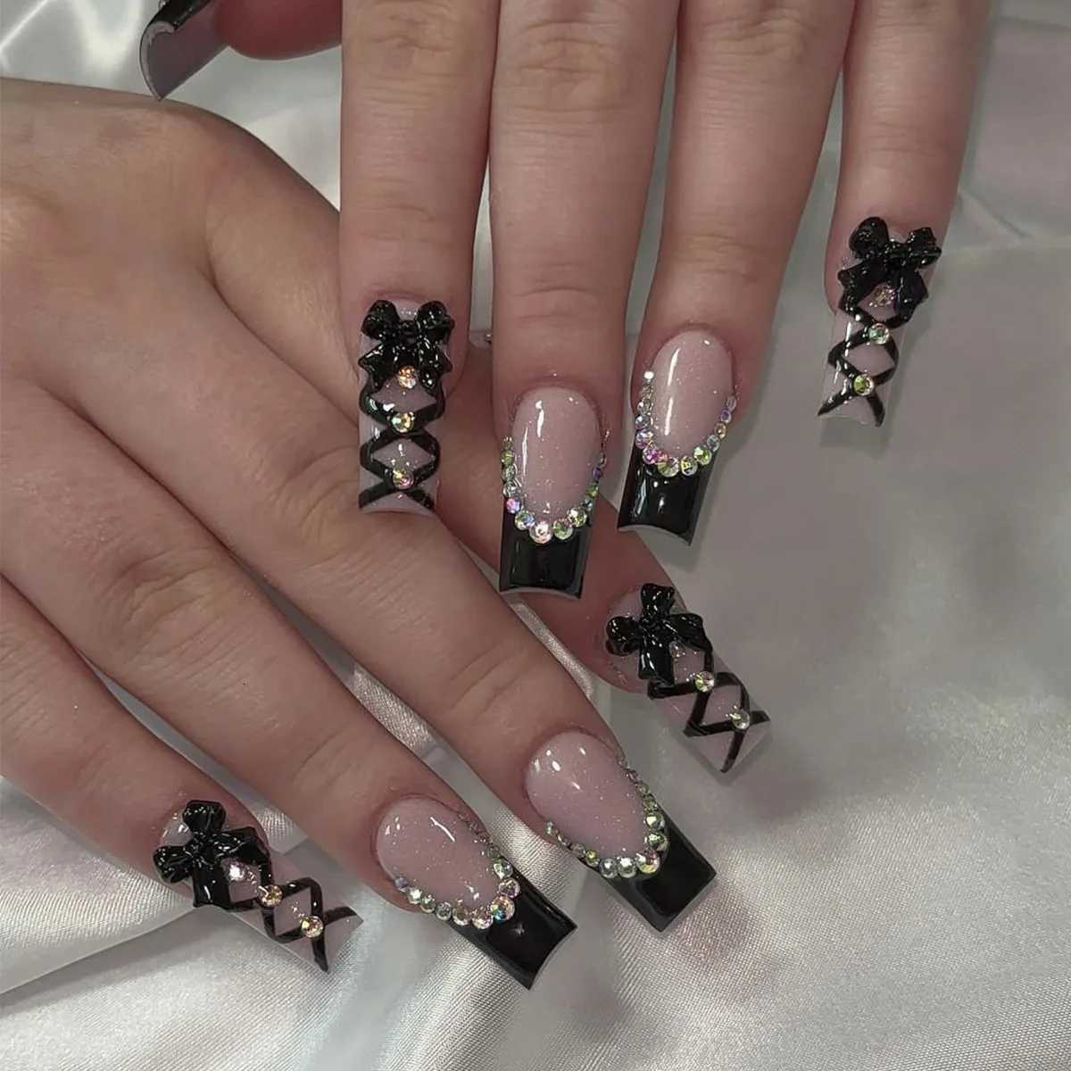 False Nails 24pcs Long Ballet Press On Nails Black Cross Strap French Style Fake Naile With 3D Bowknot Decor Korean Reusable False Nail Tips Q261017