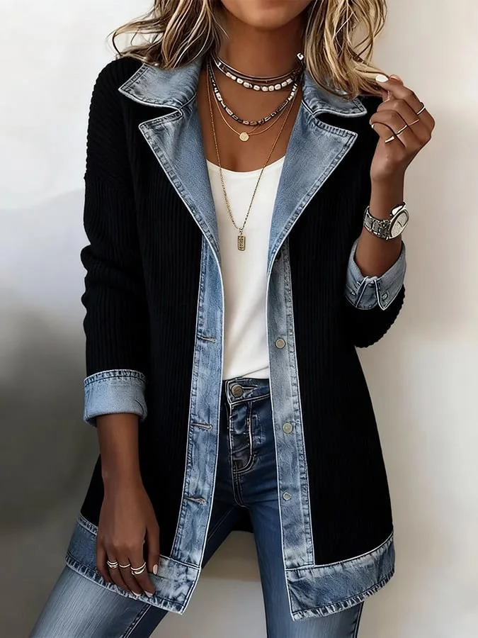 Women Ribbed Denim Patchwork Blazer Lapel Long Sleeve Single Button Casual Mid Length Jacket Ladies Spring Autumn Outerwear 261015