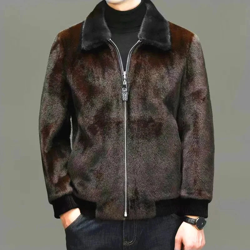 American Male Thicken Casual Trendy Daily Coats Winter Fashion Men's Turndown Collar Long Sleeve Zipper Faux Fur Jackets 261012