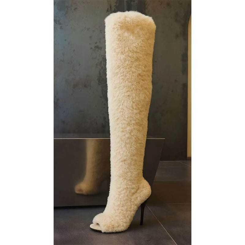 2026 new round-toe, fish-mouth, stiletto-heel, ultra-high-heeled, metal-buckle, over-the-knee boots, plus-size women's boots