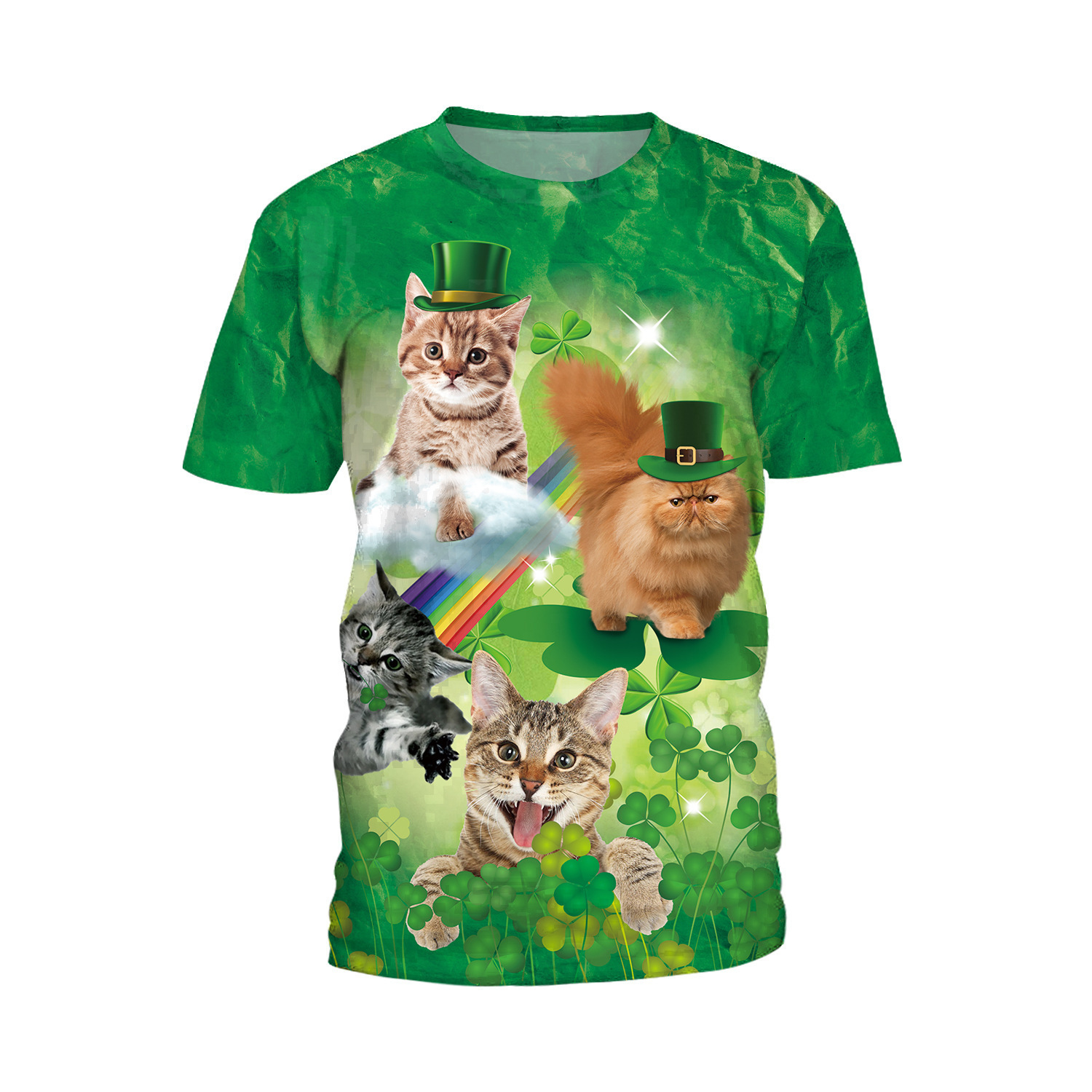 2026 Supply: New Irish St. Patrick's Day Four-Leaf Clover Design, Cute Pet Cat Digital Print, Round-Neck T-Shirt Free Shipping