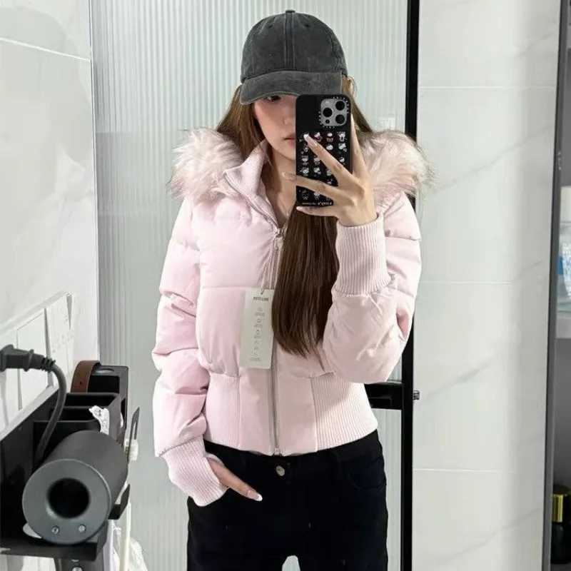 Women's Down Parkas Autumn Winter Fur Collar Hooded Cropped Puffer Jacket Women's Warm Cotton Padded Jacket Short Top Windproof Coat Y2K H