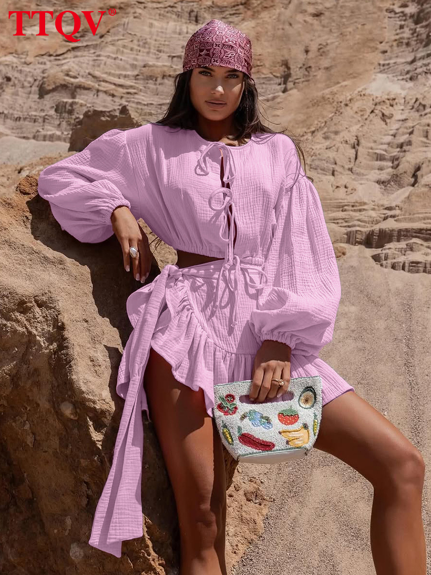 2026 Fashion Loose Pink Cotton Women's 2-Piece Sets 2027 Elegant Long Sleeve Crop Top With High Waist Mini Skirt Set Female