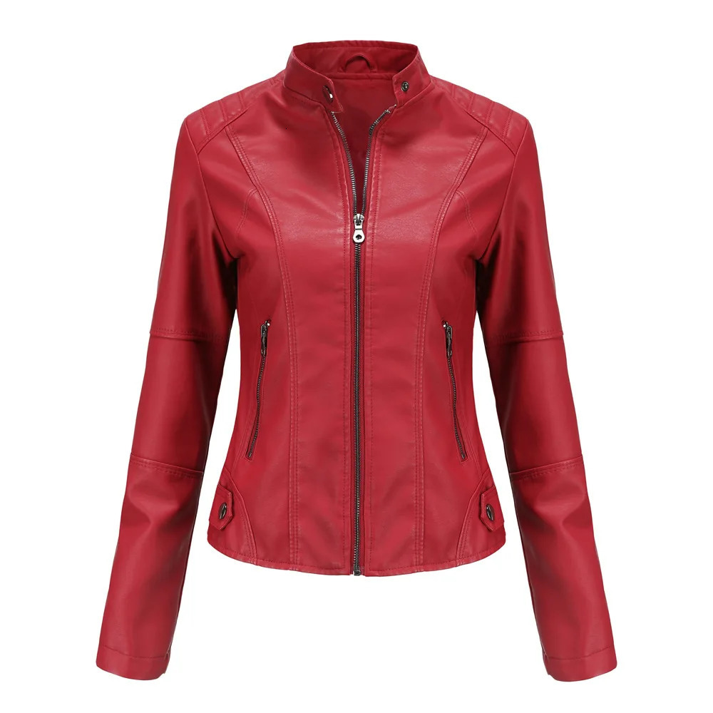 Spring Women's Red Long-sleeved Artificial Leather Jacket Black Stand-up PU Coat European Size Available in Blue Beige Purple. 261016