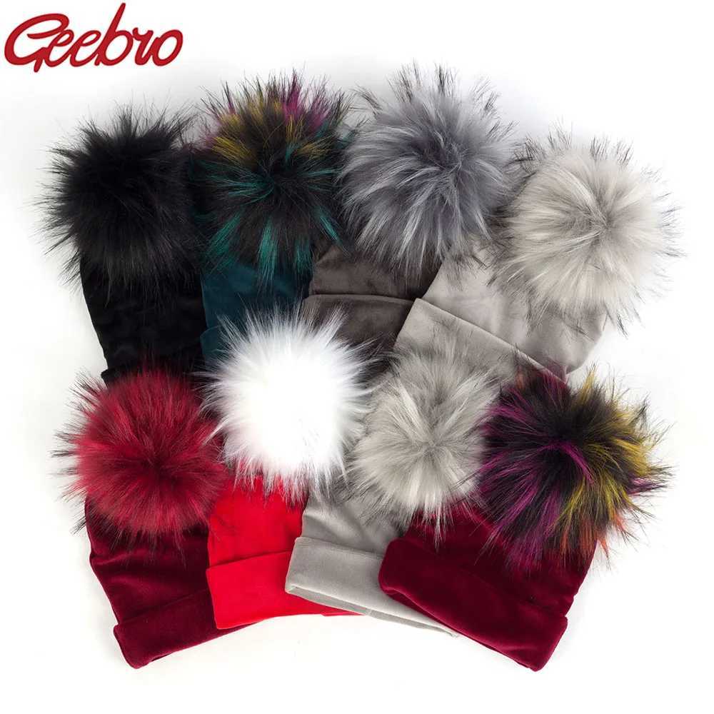 Beanie/Skull Caps Geebro Newborn Baby Hat Faux Raccoon Fur Pompom Girls Boys Warm Winter Knitted Velvet Hat Ins Fashion Soft Thick Flannel Beanies Q