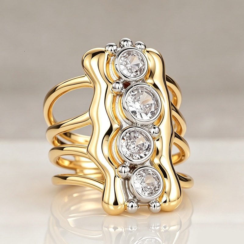 Huitan Foreign Trade Factory's Hot-Selling Item: European And American Heavy Industry Wide Geometric Hollow Double-Color Ring, Copper Ring With