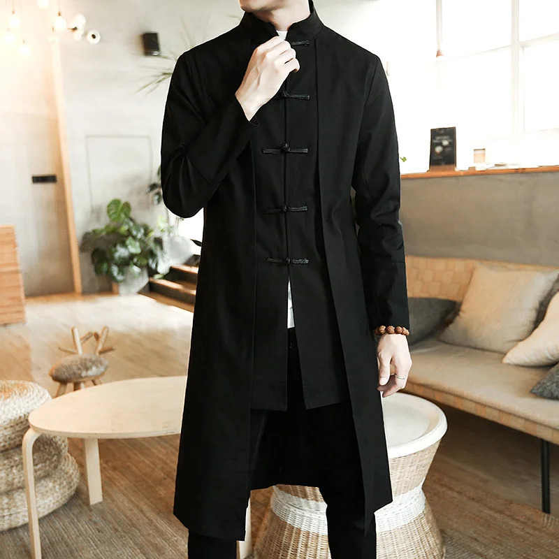 Trench Men two Pieces Cardigan Kimono Male Long Chinese Style Black Vintage Cotton Linen Robe Tai Chi Kung Fu Tang Costume 261015