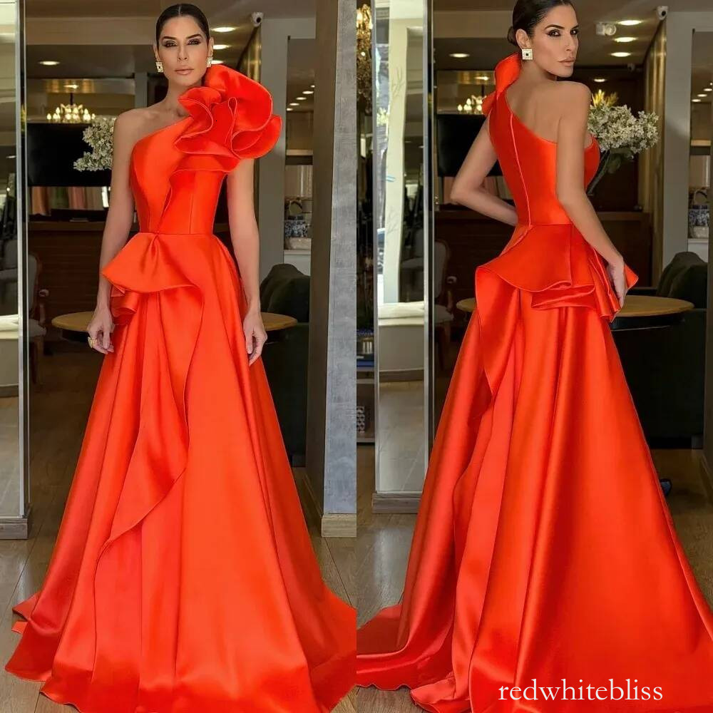 Exquisite One Shoulder Orange Evening Pageant Dress Sleeveless Flowers Satin A line Women Prom Formal Gowns Vestidos Feast Robe De Soiree