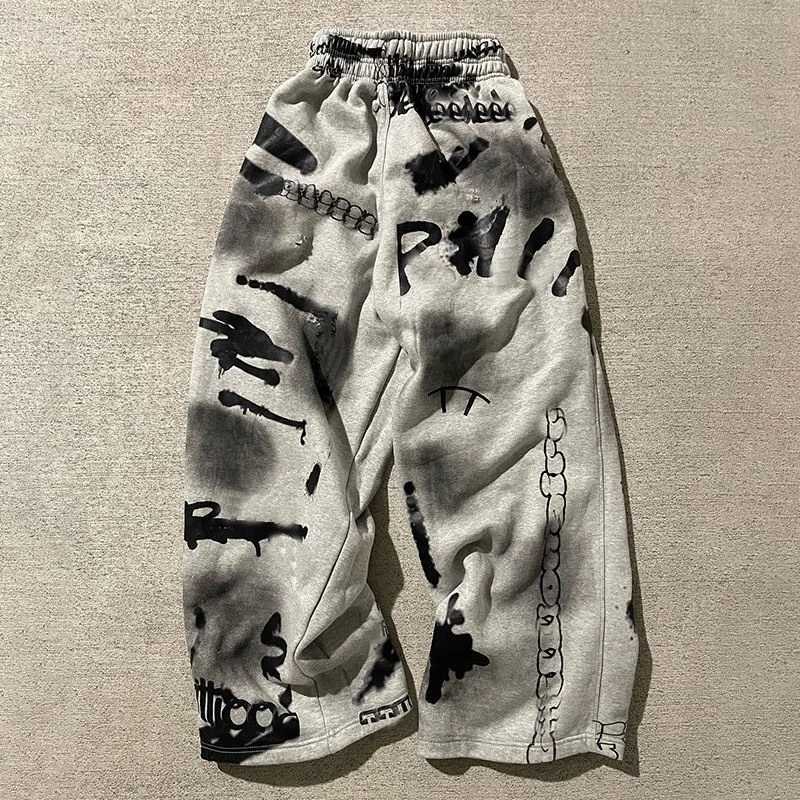 New Model Men Gothic Vertical Graphic Wide Leg Sweatpants Drawstring Loose Straight Baggy Y2K Dark Punk Streetwear Pants. S261016RQZS