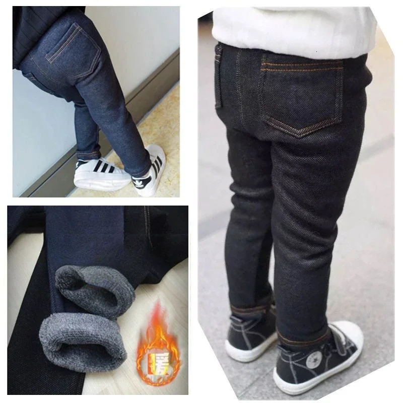 Autumn Winter Children's Jeans Boys and Girls' Solid Color Thin Velvet Elastic Belt Jeans Infant Elastic Denim Pants 1-6Y261016