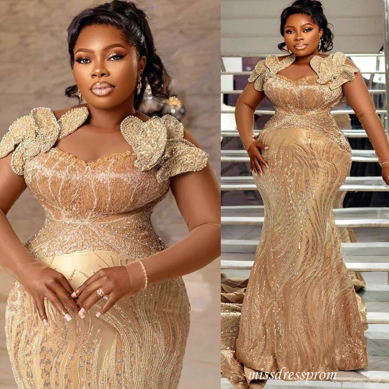 Plus Size Champagne Mermaid Prom Evening Dresses Illusion Flora Crystals Party Dress Sequined Lace Formal For Black Women Birthday Gowns Am3757