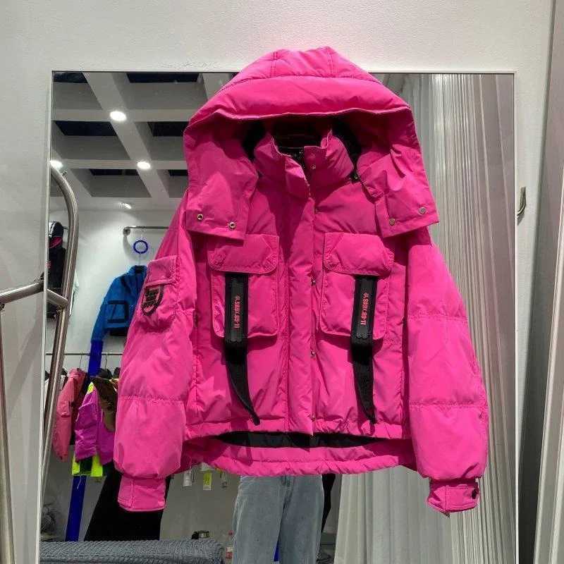 Women's Down Parkas 2025 New Down Jacket Women's Short Contrasting Color Hooded Thickened Warm Jacket Fashionable Trendy Splicing Top Spor