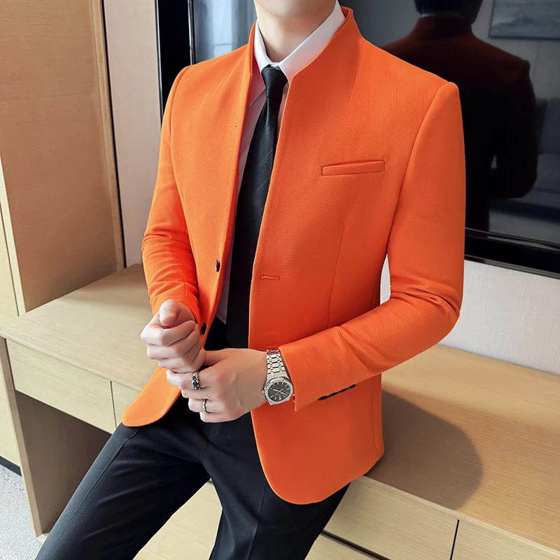 Waffle Chinese Stand-Up Collar Suit Coats Men Slim Fit Business Casual Fashion Suits Jacket Formal Social Prom Party Tuxedos 261015