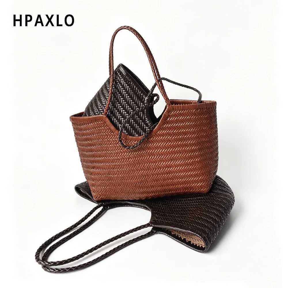 Evening Bags Handmade Double Layer Genuine Leather Woven Tote Large Capacity Travel Style Crossbody Purse for Women New Vintage Basket Design H26101