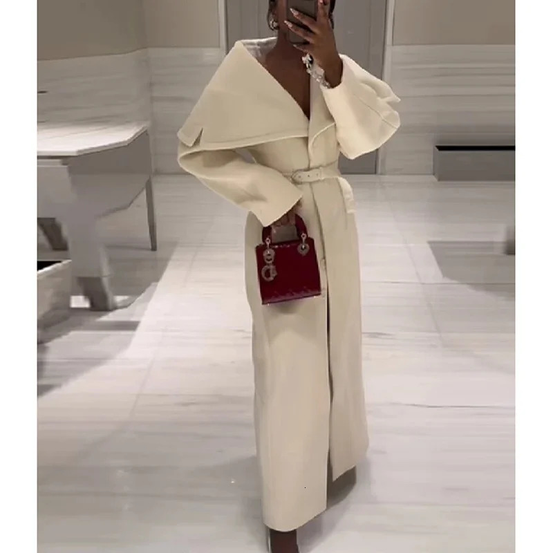 Elegant Solid Belt Woolen Long Coat Women's Large Open Collar Fashion Loose Thicked Overcoat Autumn Winter Street Lady Outerwear 261016