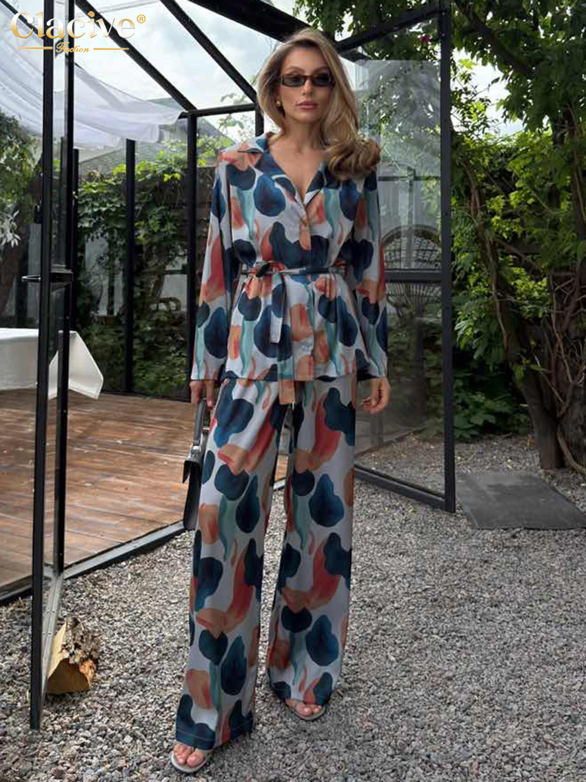 2026 Winter Loose Print Women's 2-Piece Sets 2027 Elegant Long Sleeve Blouse With High Waist Wide Pants Set Female Clothing