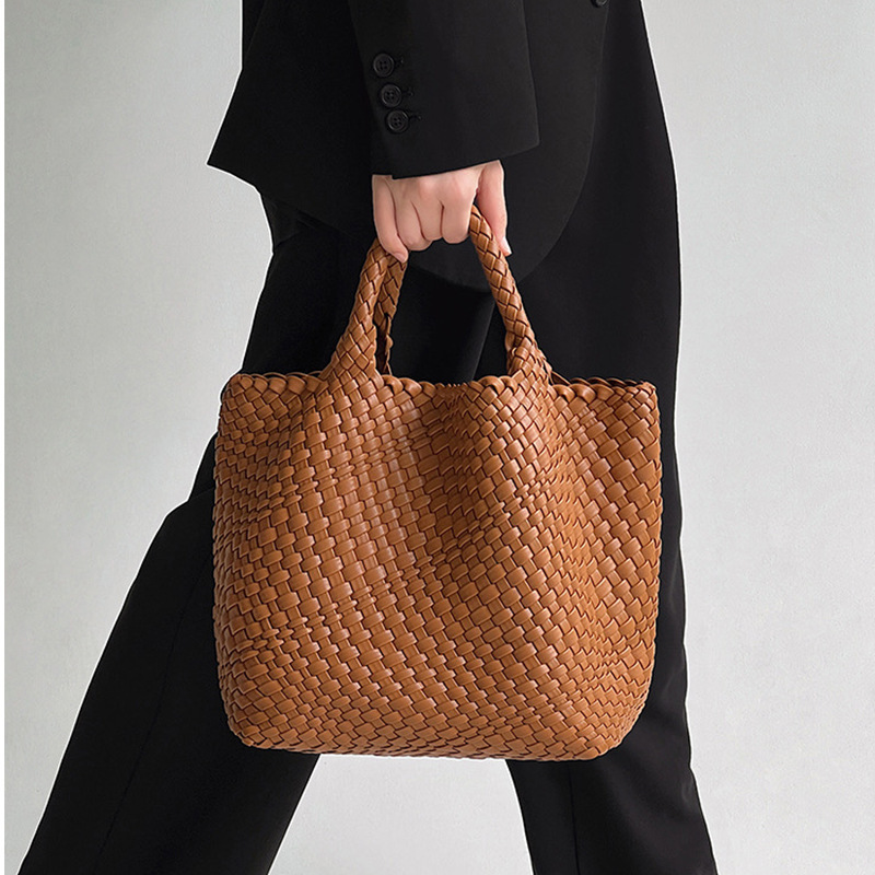 2026 New Women's Handbag, Hand-Held Shoulder Soft Leather Bucket Mother-And-Daughter Bag, Purely Handmade Woven Bag Vintage Tote Bag With Large
