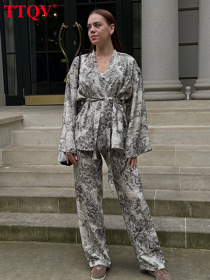 TTQV Fashion Loose Print 2 Piece Sets Women 2027 Elegant Long Sleeve Blouse With High Waist Wide Pants Set Female Clothing