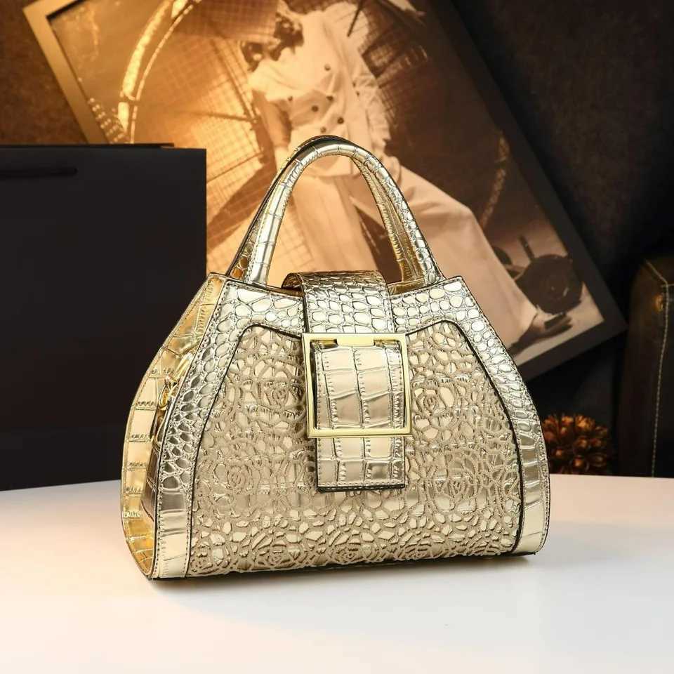 Evening Bags Totes Metallic Gold Crocodile Pattern Rose Lace SaTChel Elegant Hollow Flower Top Handle Bag Gold Square Shoulder Purse H261016