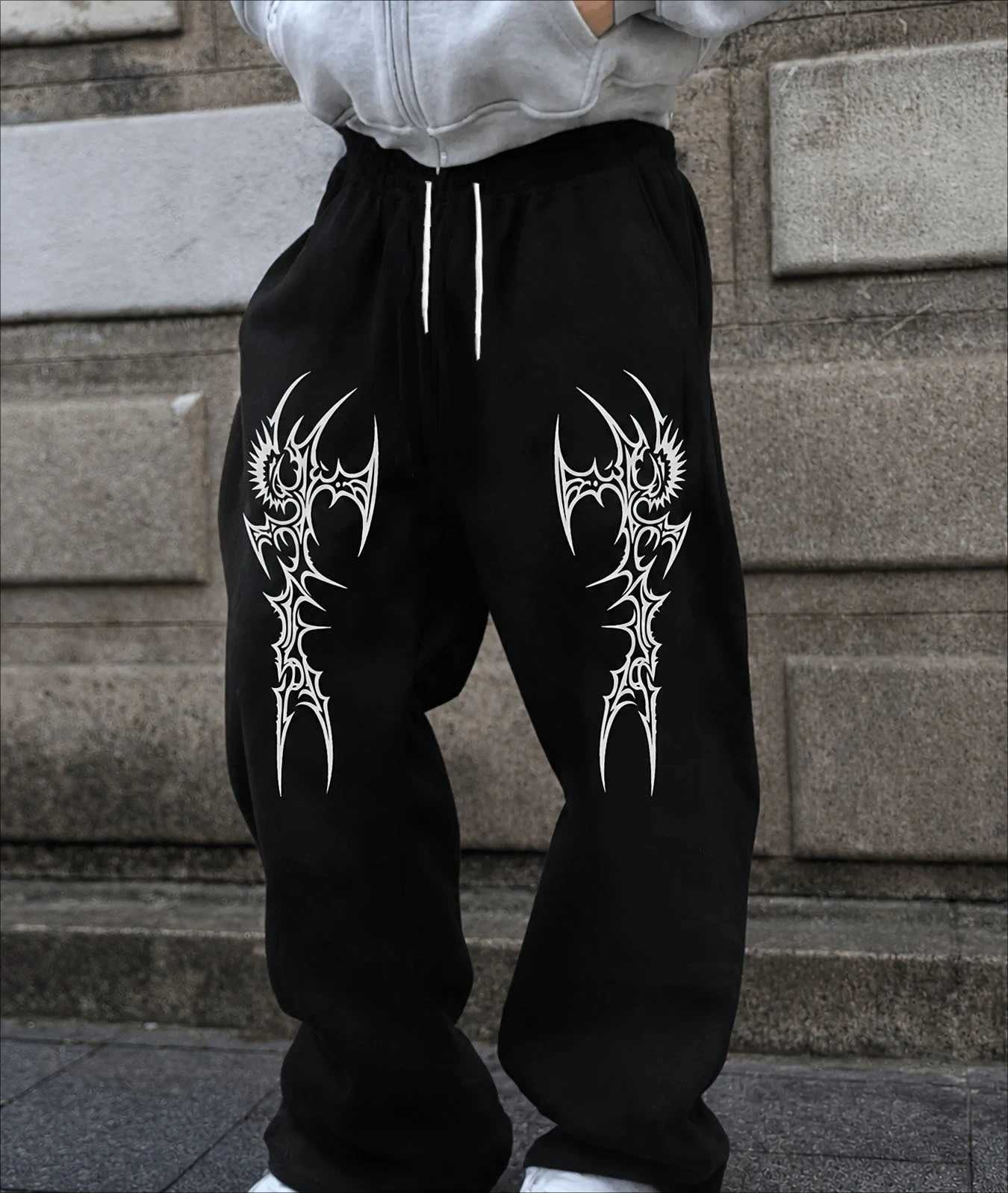 Spiked Gothic Alien Pattern Elastic Waist Wide-Leg Pants Subculture Street Style Casual Trousers men clothing S2610169HAQ