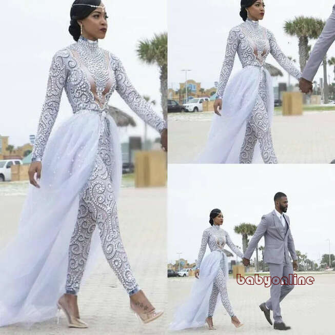 Full Lace Wedding Dress Gorgeous Jumpsuits With Detachable Train High Neck Beads Crystal Long Sleeves Modest Dresses African Bridal Gowns