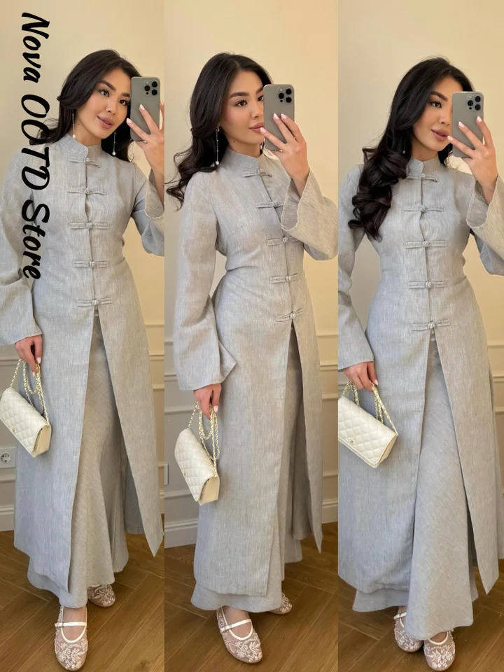 Chinese Button Long Top Skirts Outfits Women Stand Collar Bandage Waist Cinching Shirts Maxi Skirts 2026 Spring 2 Pieces Suit 261016