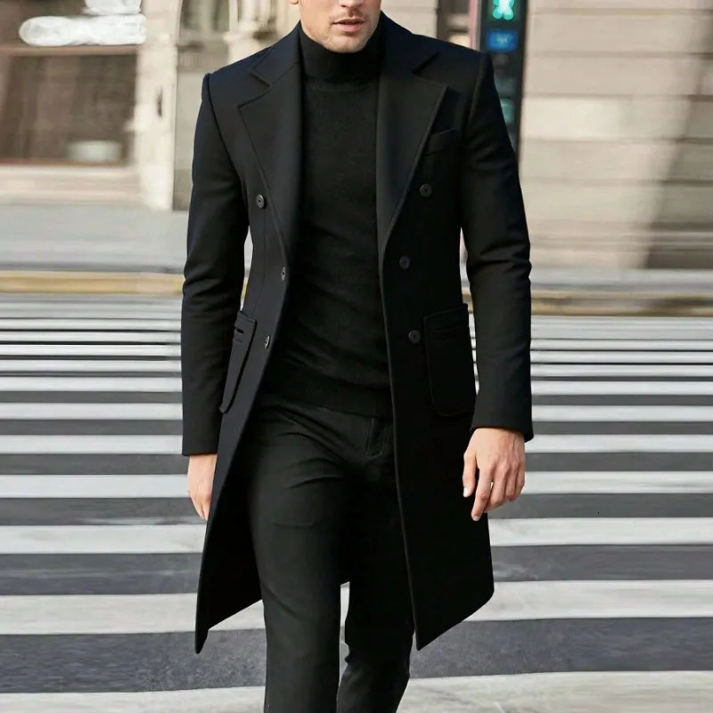 KIDWHXR Man Overcoat Autumn Winter Double Breasted Wool Blend Jacket Men Long Sleeve Pocket Mid Length Male Casual Outerwear 261016