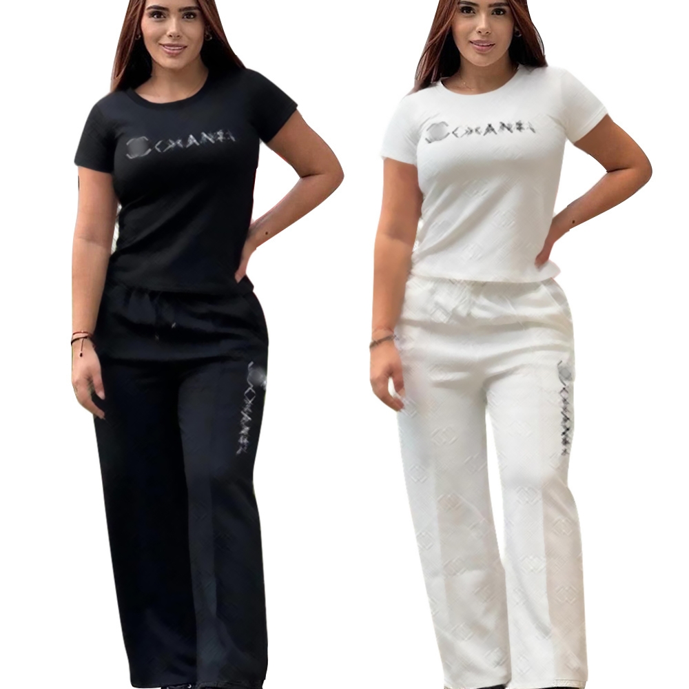 High Quality Women 2 Piece Summer Outfit Diamond Jacquard Crew Neck Short Sleeve Top High Waist Straight Leg Pants Premium Casual Matching Tracksuit