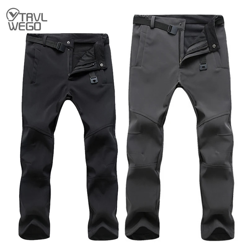 TRVLWEGO Warm Winter Men Soft Shell Pants Travel Waterproof Outdoor Camping Hiking Pants Fleece Windproof Skiing Trousers 261017