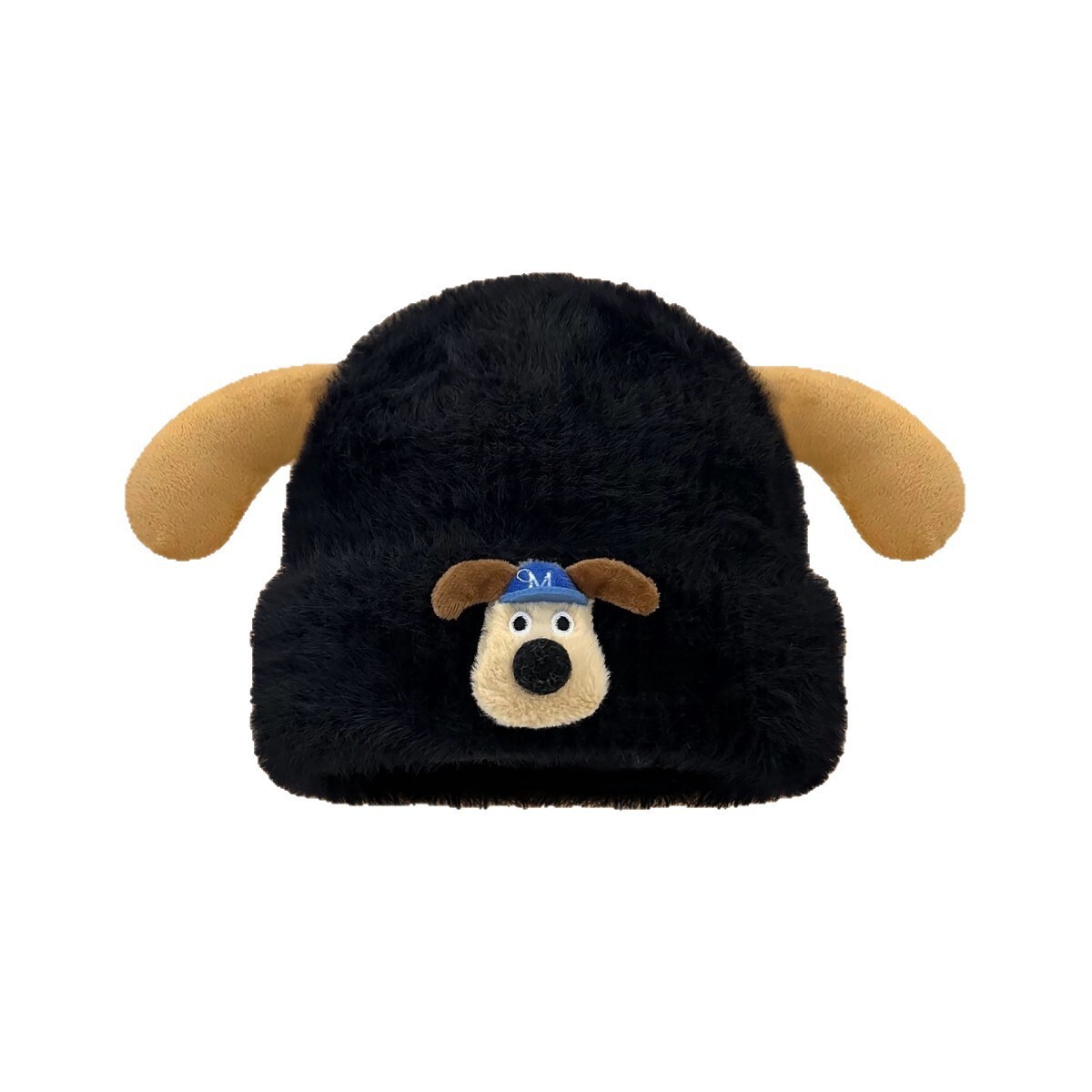 Cute sweet cartoon puppy plush hat women, thickened warm knitted beanie for autumn and winter, with ear-covering design