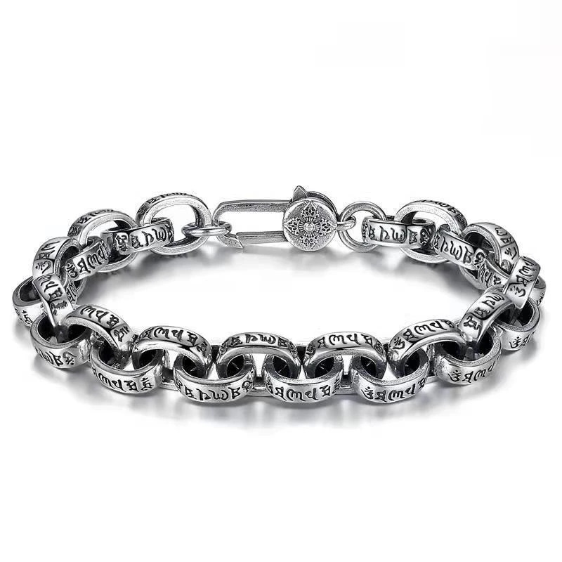 Factory Price High Quality S925 Sterling Silver SixCharacter Mantra Bracelet Men Women Retro Trend Jewelry Gift 261017