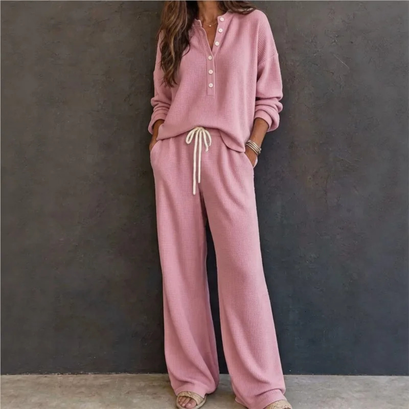 Women's Autumn 2 Piece Set Waffle Knit Long Sleeve Henley Button Tops Drawstring Wide Leg Pants Casual Loungewear Sets 261016
