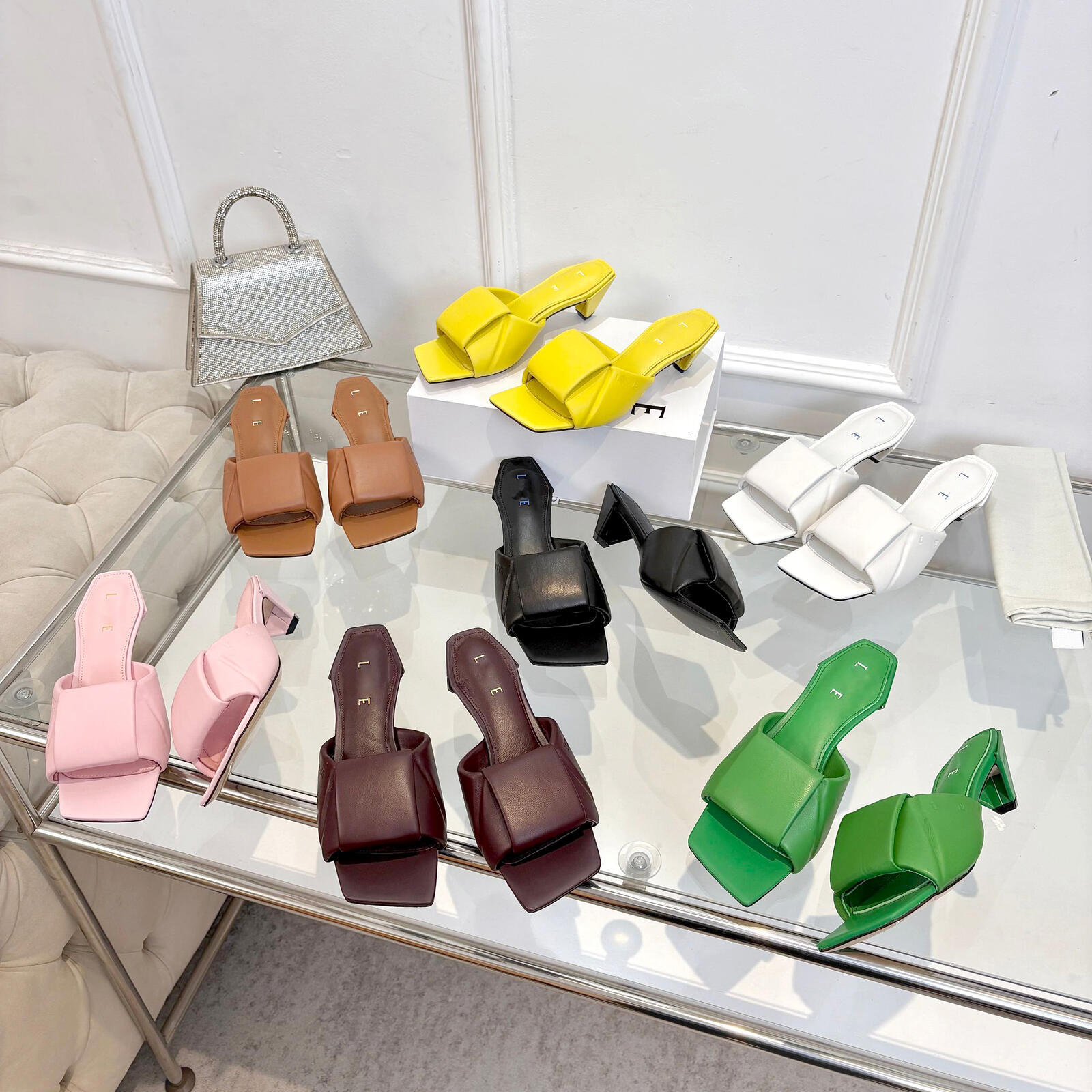 1 1 Womens Luxury Designer Minimalist soft patent leather square toe block heel mules Summer Retro stylish Vacation Open toe Slip on slippers for Di