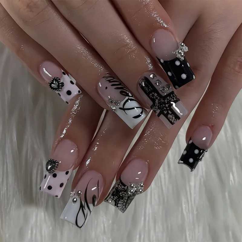 False Nails 24PCS Y2k Dark Medium Square False Nails Black Lace Cross French Polka Dot Press on Nails 3D Metallic Silver Bow Heart Nail Tips Q261017