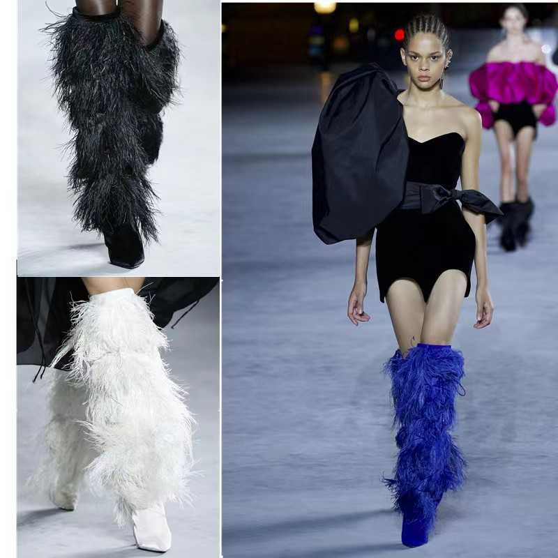 2026 Autumn/Winter Runway Feather Long Boots Sexy Ostrich Feather High Heel Pointed Toe Plus Size Shoes