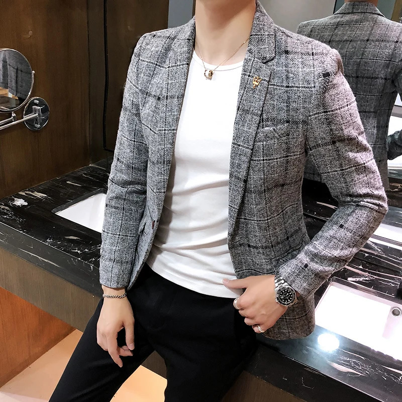 Men's Casual Plaid Suit Jacket Male Linen Plaid Business Self-cultivation Wedding Dress Party Suit Coat Plus Size S-5XL 261015