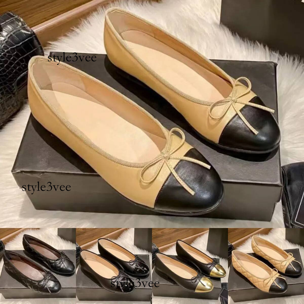 Luxury Women's channal shoes Classic Designer Casual chan Shoes Round Toe Bow Flat Leather Patchwork Ballet cc Shoes 47b