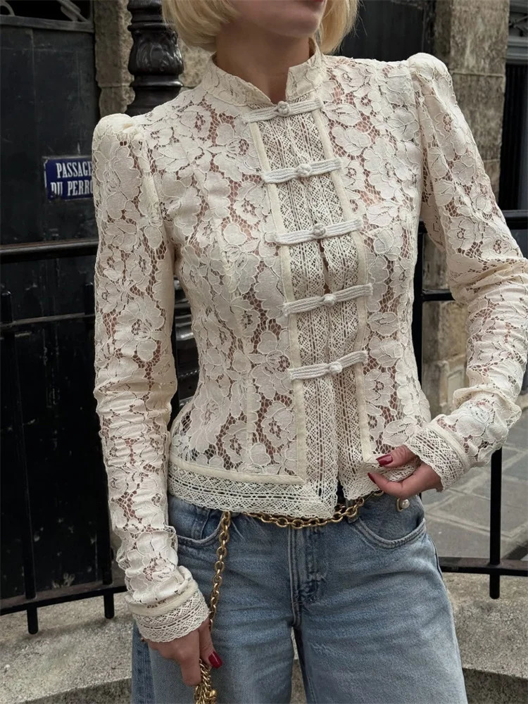 Tossy Summer Lace Printed Shirts Tops Female Hollow Out Fashion Commute Vintage See-Through Blouse Women's Lace Shrug Shirts 261015