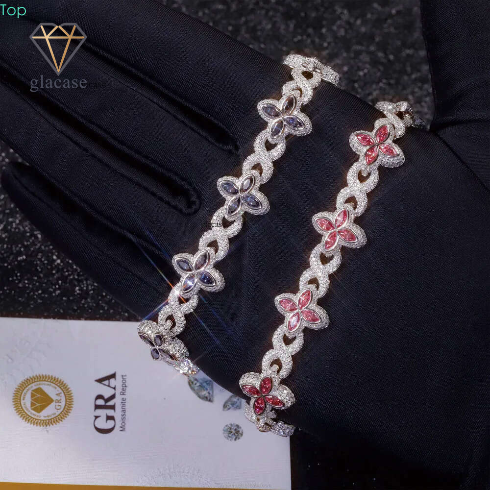 Jewelry S Sterling Sier Gold Clover Pink Green Blue Dia Cuban Hip Hop Moissanite Bracelet with GRA Certificate