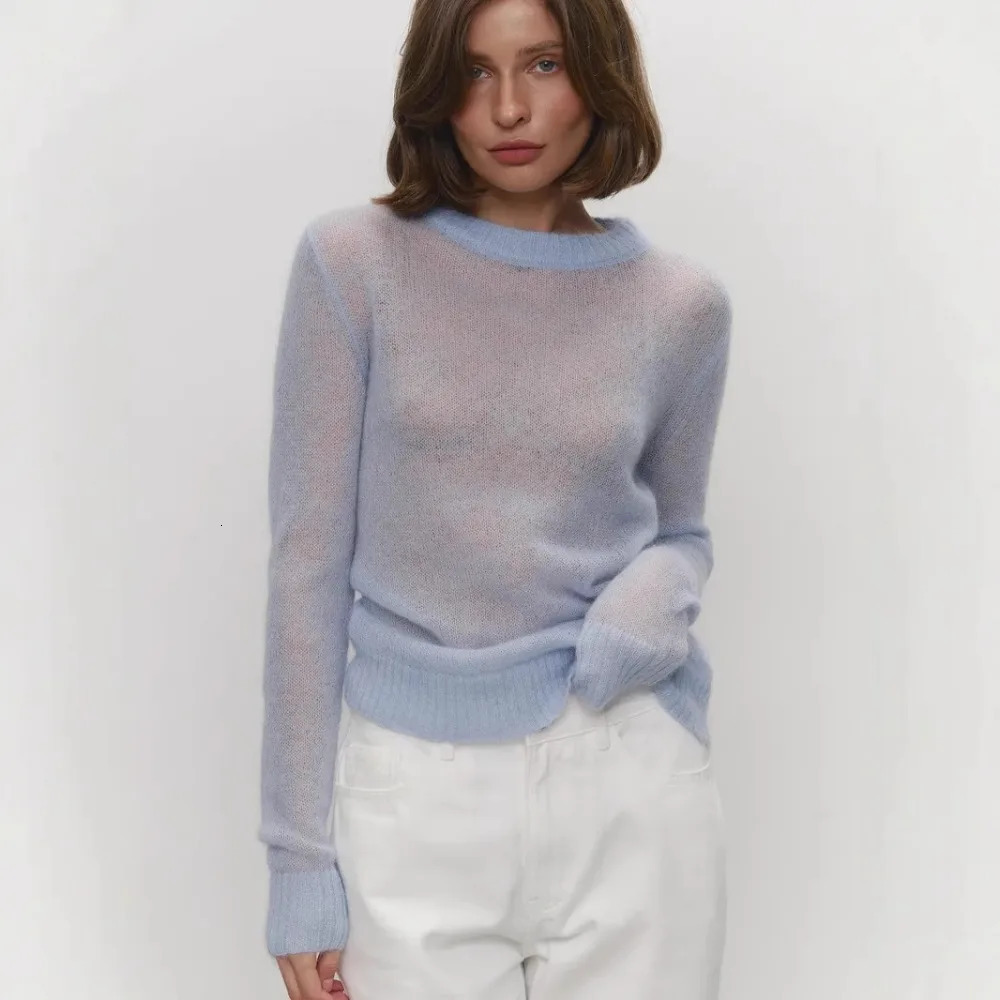 Classic Mohair Knitted Sweater Top Spring and Summer Womens Fashion Micro Perspective Cool Loose Elastic Oneck Shirt 261017